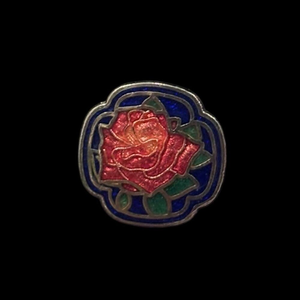 Vintage 1970s Cloisonné Deep Blue Enamel Pink Rose Bloom Gold Tone Mini Pendant